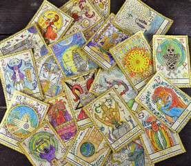 Background with pile of the tarot cards, top view