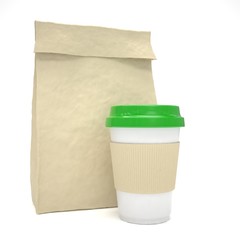 Coffee to go and lunch bag, on white.