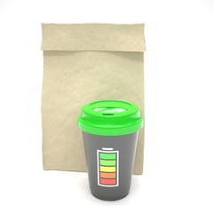 Coffee to go and lunch bag, on white.