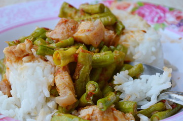 stir-fried curry yard long bean with fat pork for Thai easy meal