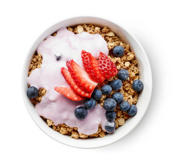 bowl of granola with yogurt and berries - obrazy, fototapety, plakaty