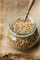 Buckwheat seeds in a glass jar
