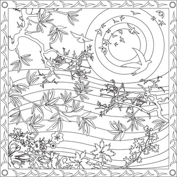 Page Coloriage pour Adultes Livre Design Motif Paysage Japonais Oiseaux Vecteur Illustration 