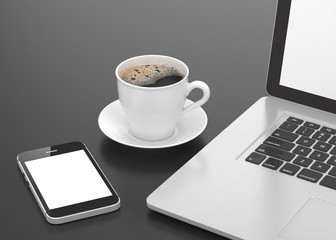 Obraz na płótnie Canvas Laptop smartphone and coffee cup 