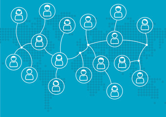 Social network concept of globally connected people or colleagues. Vector illustration with world map in flat design