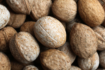 very tasty and a healthy heap of walnuts close up of the inscription