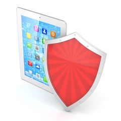 Tablet PC and shield on white device security concept