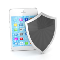 Smartphone and shield on white, security concept