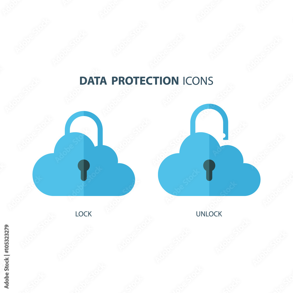 Poster Data protection icons. Cloud computing and protecting data concept. Secure cloud technology. Vector Illustration.