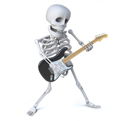 3d Skeleton strikes a pose as he plays a riff on his electric guitar