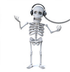 3d Skeleton is listening to music on his headphones