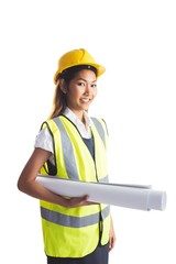 Architect woman with yellow helmet and plans