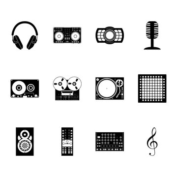 Dj mixer, vintage tape, electronic music simple icons set