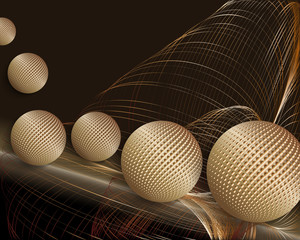 3d illustration of rolling golden balls and gold threads. Vector abstract background with geometric shapes wireframe.