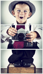 Triptych of young boy playing with an old camera