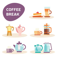 Tea pot and coffee vector sticker set illustration and icon. Tea cup and latte, cake. Flat elements of drink design. Electric kettle. Tea and coffee stickers. Flat coffee break elements