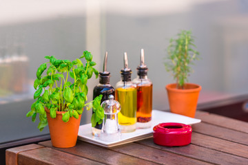 Cafe table with herbs and condiments