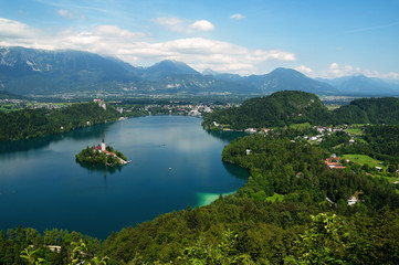 Naklejka na ściany i meble Panoramic view of Lake bled and St. Mary´s Church of the Assumption .