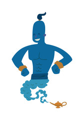 Cartoon strong gin coming out of a magic lamp flat vector illustration. 