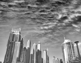 Black and white Dubai skyline at dusk
