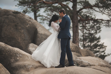 Gorgeous bride, groom kissing and hugging near the cliffs with stunning views