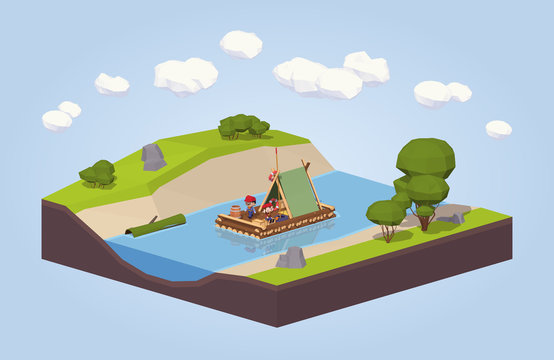 Travel down the river on a raft. 3D lowpoly isometric vector concept illustration