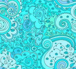 Abstract colorful spring vector seamless pattern with figured shapes, curling lines, flowers, leaves and doodles. Blue, aquamarine colors