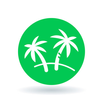 Palm tree icon. Coconut tree sign. Paradise tropical tree symbol. White palm tree icon on green circle background. Vector illustration.