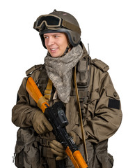 Naklejka premium Special forces soldier with rifle on white background