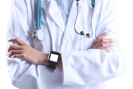 Close up of Asian doctor showing her smart watch on white background