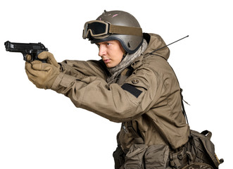 Special forces soldier with rifle isolated on white background