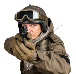 Naklejka premium Special forces soldier with rifle isolated on white background