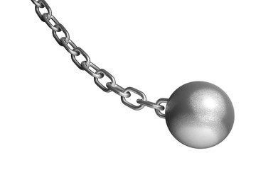 Demolish ball hanging on the iron chain. Isolated on white.