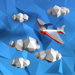 Low poly sky with clouds and small airplane