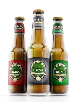 Beer bottles with three different labels