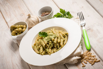 pasta with pesto anchovies and green olives