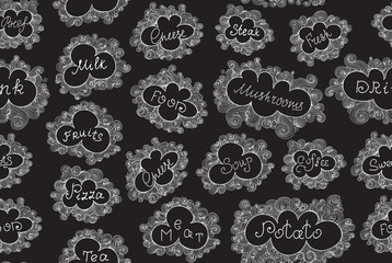 Food and drink vector seamless pattern with different food names handwritten in figured frames, writings on a grey chalkboard