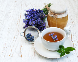 Cup of tea and lavender flowers