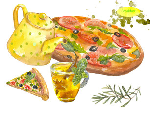 Breakfast. Pizza, tea and herbs. Delicious food, Breakfast quickly. Watercolor painting. Can be used for postcards, prints and design  