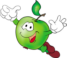 Funny cartoon flying hero green apple.