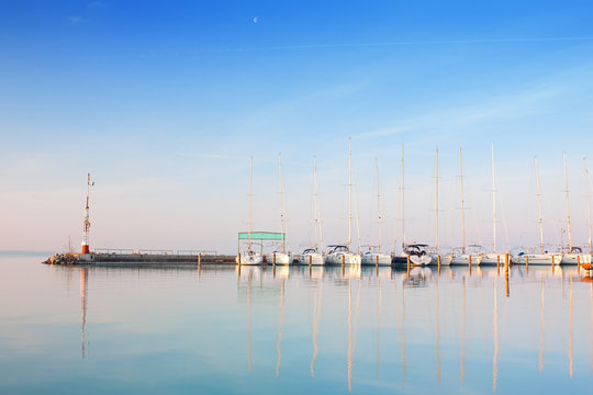 Port with anchored boats on lake Balaton