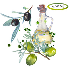 Olive oil. Watercolor painting. Can be used for postcards, prints and design  