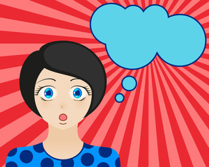 Surprised woman face with open mouth. Manga style. Comic girl with speech bubble for your text. Brunette hair and blue eyes. Radiant red background. Vector illustration.
