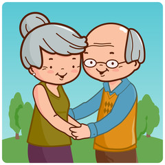 Grandparents couple, an old man and an old woman holding hands. Vector Illustration 