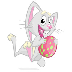 Easter bunny jumping with colored egg. Vector illustration of a grey bunny jumping with Easter colored egg