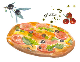 Pizza. Delicious food, Breakfast quickly. Watercolor painting. Can be used for postcards, prints and design  
