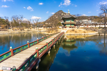 Gyeongbokgung Palace locate in river with blue sky