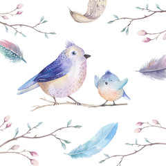 Hand drawing watercolor flying cartoon bird witm leaves, branche