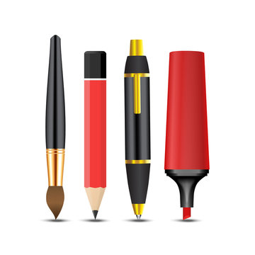 realistic pensil, pen, highlighters and paintbrush isolated on a white background. Vector illustration.