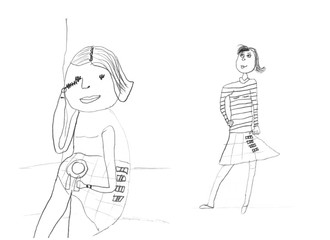 children's drawing pencil sketch of a girl who does make-up and a girl who poses